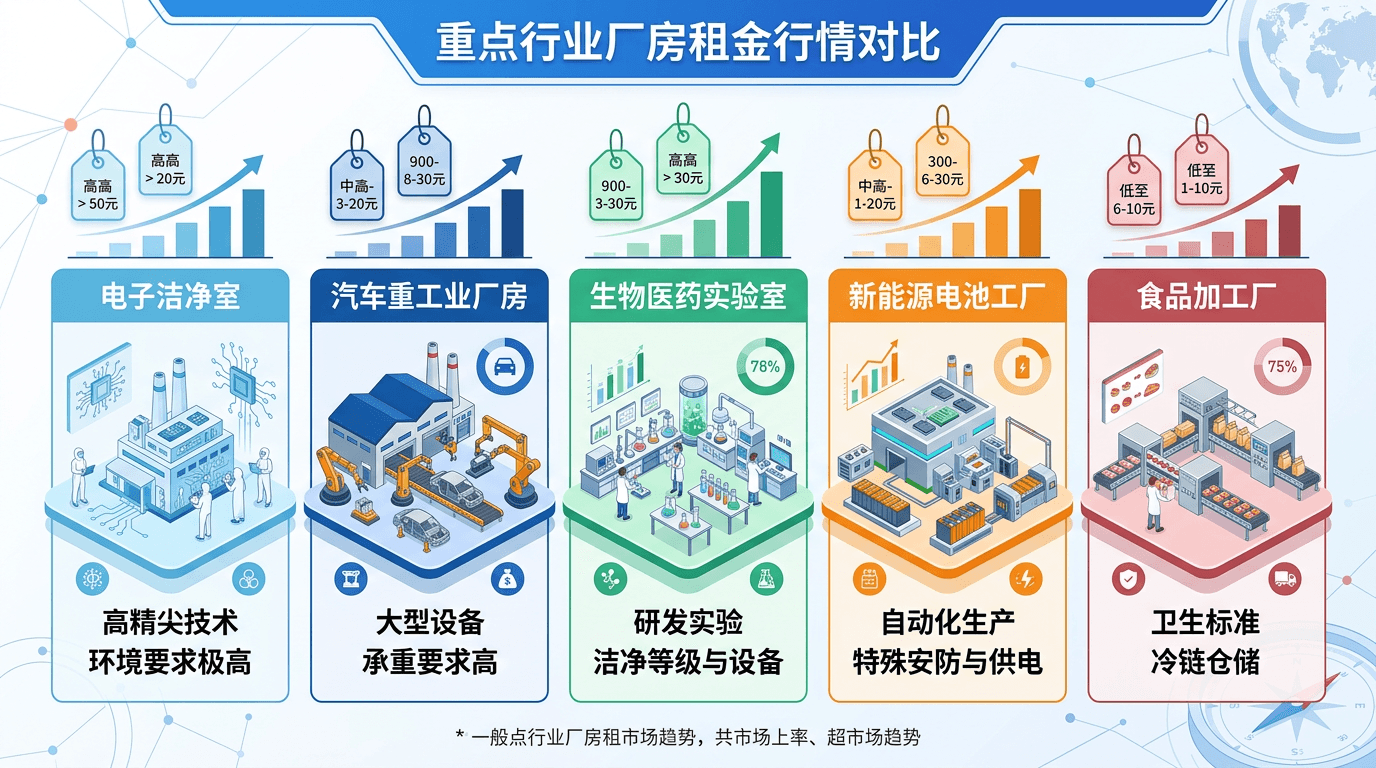 2026年重点行业厂房租金行情对比:电子、汽车、生物医药谁更贵?